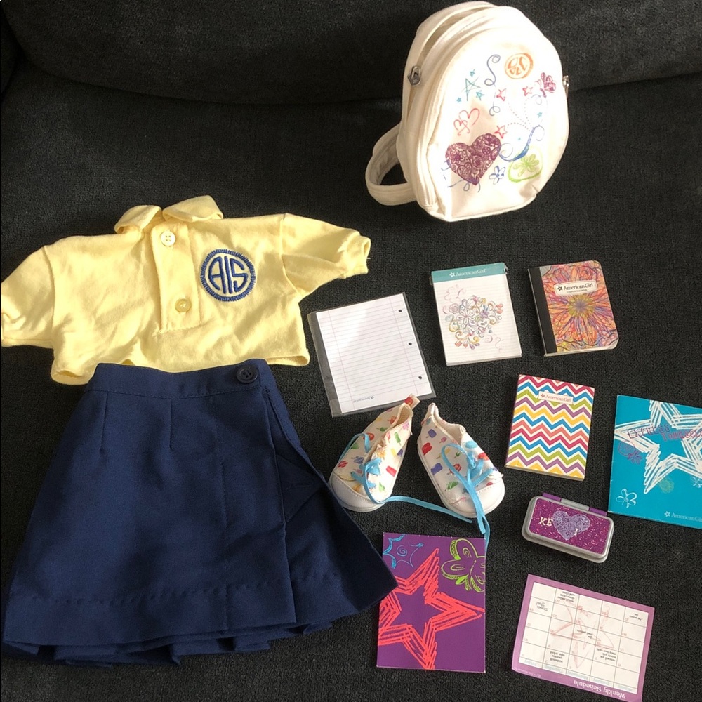 American Girl Yellow Top and Blue Skirt Set with Accessories